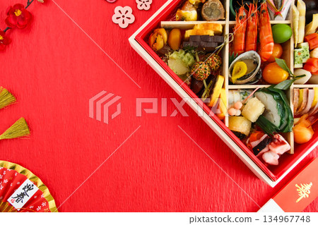 Image material of New Year's dishes (red background) 134967748