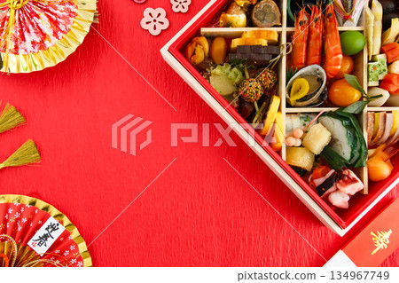 Image material of New Year's dishes (red background) Image material of New Year's dishes (red background) 134967749
