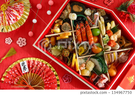 Image material of New Year's dishes (red background) Image material of New Year's dishes (red background) 134967750