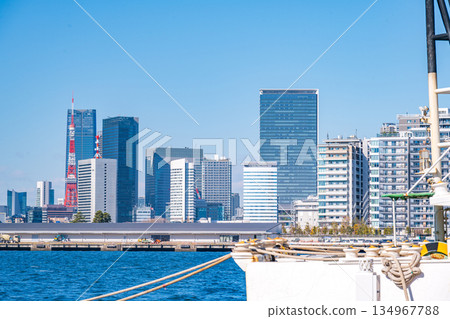 TOKYO, JAPAN - 29, JAN. 2025 : cityscape of Tokyo tower and buildings at daytime in Tokyo bay, Japan 134967788