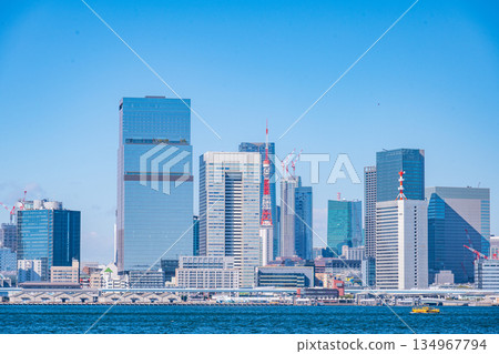 TOKYO, JAPAN - 29, JAN. 2025 : cityscape of Tokyo tower and buildings at daytime in Tokyo bay, Japan 134967794