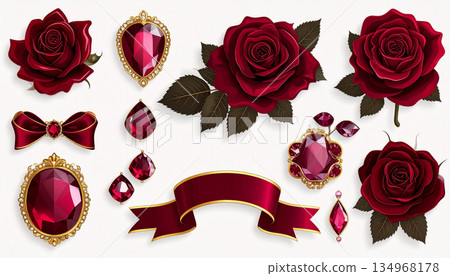 白色背景上的紅玫瑰和紅寶石。奢華絲帶裝飾配件材質套裝。 134968178