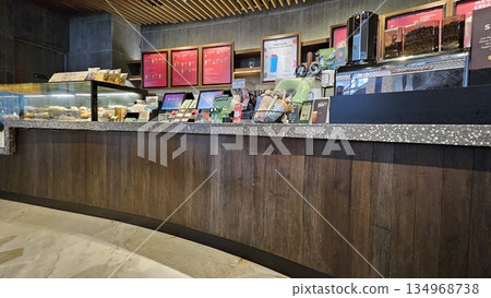 this is starbucks cafe display with food and drink 134968738