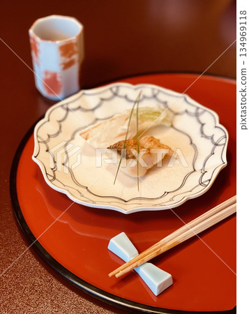 Authentic Japanese grilled fish with tea set. 134969118