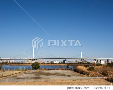 A distant view of Katsushika Harp Bridge over the Ayase River A distant view of Katsushika Harp Bridge over the Ayase River 134969145