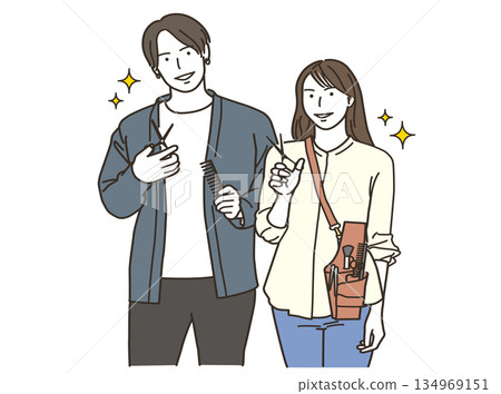 理髮店插圖，男女理髮師排成一排 134969151