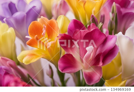 An eye-catching collection of vibrant freesia flowers, celebrated for their delicate petals, captivating fragrance and an array of beautiful colors perfect for any bouquet. AI Generated 134969169