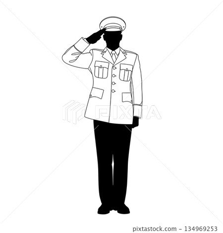 Military Officer in Dress Uniform Saluting, Minimalist Black and White Vector Illustration of a Soldier 134969253