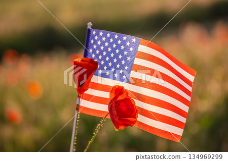 American flag with red poppy flowers as Memorial Day remembrance concept 134969299