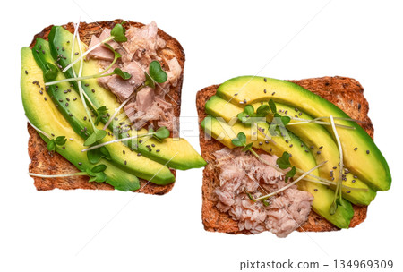 Avocado tuna toast sandwiches isolated on white background Avocado tuna toast sandwiches isolated on white background 134969309