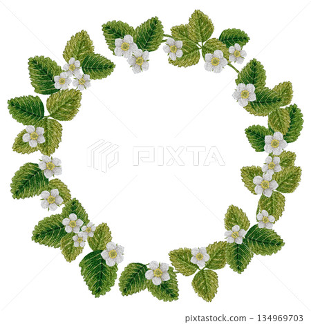 【草莓花葉圓形邊框】手工刺繡插畫素材 134969703