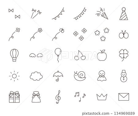 一套可愛圖示的向量插圖。包括裝飾品、絲帶、天氣、鮮花和禮物。 134969889