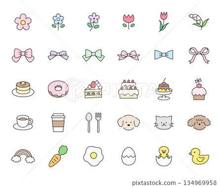 一套可愛圖示的向量插圖。包括裝飾品、花、糖果、絲帶、小狗和小雞。 134969958