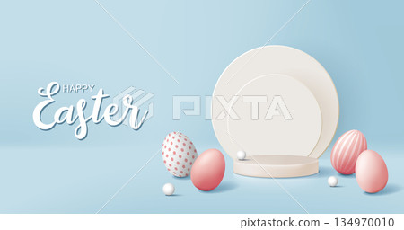 Powder color product round shape product display stand with blue background, Easter festival wide and wide sea news and announcement announcement material sheet 134970010