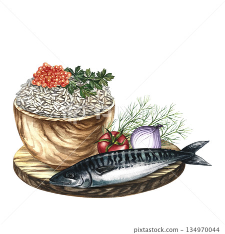Mackerel with rice garnish, herbs and vegetables. Hand-drawn watercolor illustration. Menu, recipe and cookbook design element. For banners, flyers, packaging, labels and more. 134970044