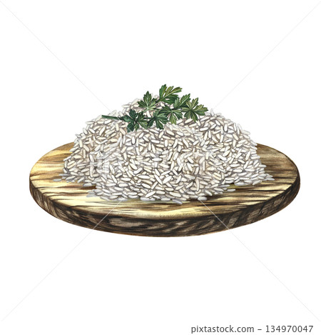 Rice garnish with celery on a wooden tray. Hand-drawn watercolor illustration. Element of menu design, recipes, and cookbooks. For banners, flyers, packaging, labels, and more. Rice garnish with celery on a wooden tray. Hand-drawn watercolor illustration. Element of menu design, recipes, and cookbooks. For banners, flyers, packaging, labels, and more. 134970047