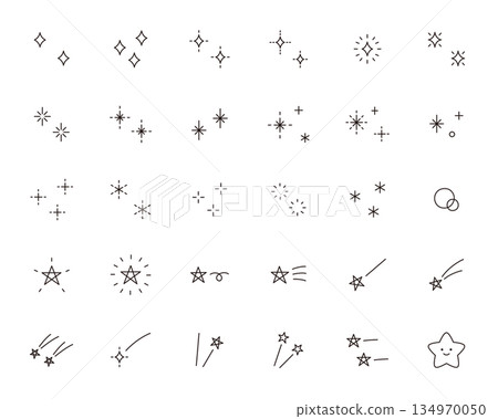 Vector illustration of cute icon set. Stars, glitter, sparkles, shooting stars, ornaments Vector illustration of cute icon set. Stars, glitter, sparkles, shooting stars, ornaments 134970050