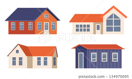 Different types of cottages and residential houses, providing a versatile selection for various purposes. Vector illustration. Different types of cottages and residential houses, providing a versatile selection for various purposes. Vector illustration. 134970095