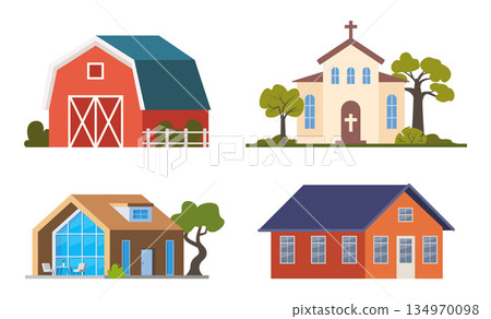 Various flat urban building icons. Isolated private houses, cottage, church, barn on a white background. Vector illustrations. 134970098