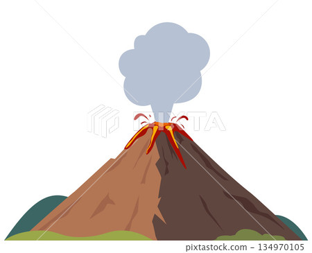Erupting volcano. Natural volcanic activity. Volcanoes hot lava eruption. Mountains rocky hills with green grass. A volcano erupts with a plume of ash and flowing lava. Vector illustration 134970105