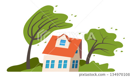 Storm wind natural disaster. Superstorm catastrophe, suburban house damage, gale cataclysm. Natural disaster with hurricane. Countryside landscape. Vector illustration. 134970108