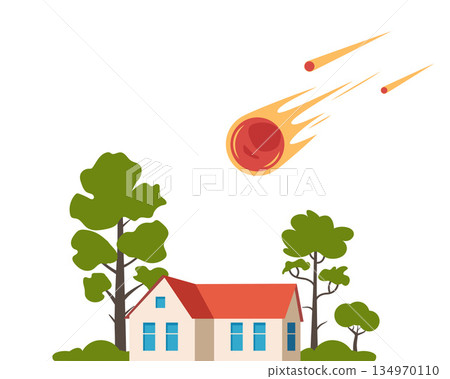 Meteor falling towards houses, neighborhood under threat from space. Disaster and emergency concept vector illustration. 134970110