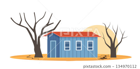 Long term drought at countryside. Cracked ground and dried tree near house. Natural disaster risk. Vector illustration. 134970112