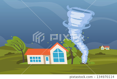 Tornado. Houses destruction with tornado catastrophe. Natural disaster with hurricane, power twisted storm, whirlwind, buildings damage. Countryside landscape. Vector illustration. 134970114