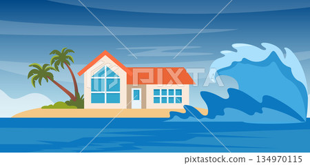 Tsunami wave at tropical beach with cottage and palm trees, natural disaster, flood during storm, climate change concept. Huge ocean water wave splashing and raging. Vector illustration Tsunami wave at tropical beach with cottage and palm trees, natural disaster, flood during storm, climate change concept. Huge ocean water wave splashing and raging. Vector illustration 134970115