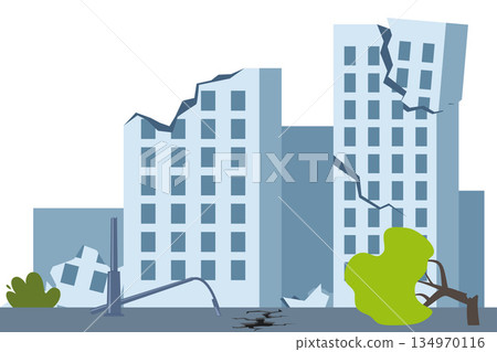 Depicting an earthquake and the destruction caused by it. Gloomy, destroyed city and buildings after the earthquake. Cracks in the ground and structures. Natural disasters. Vector illustration. Depicting an earthquake and the destruction caused by it. Gloomy, destroyed city and buildings after the earthquake. Cracks in the ground and structures. Natural disasters. Vector illustration. 134970116