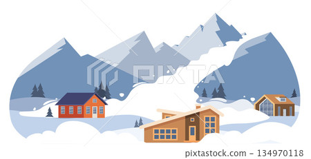 Snow avalanche natural disaster. Snowy mountains catastrophe, ice and snow descends on village houses, winter season cataclysm. Vector illustration Snow avalanche natural disaster. Snowy mountains catastrophe, ice and snow descends on village houses, winter season cataclysm. Vector illustration 134970118