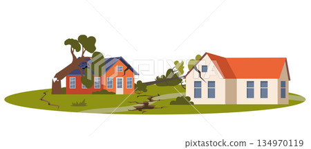 Depicting an earthquake and the destruction caused by it. Countryside after the earthquake. Cracks in the ground and structures. Natural disasters. Vector illustration. 134970119