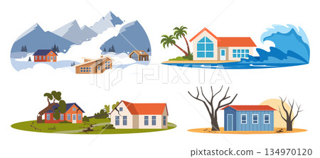 Natural disasters, damage catastrophe cataclysm scenes. Earth damage disaster collection. Vector illustration. 134970120
