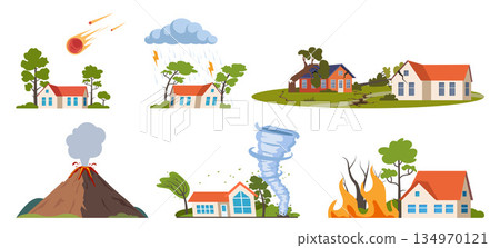 Natural disasters, damage catastrophe cataclysm scenes. Earth damage disaster collection. Vector illustration. Natural disasters, damage catastrophe cataclysm scenes. Earth damage disaster collection. Vector illustration. 134970121