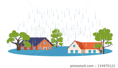 Flooded houses under rain, water reaching the first-floor level. Home submerged in floodwater during storm. Natural disaster and climate change. Vector illustration. Flooded houses under rain, water reaching the first-floor level. Home submerged in floodwater during storm. Natural disaster and climate change. Vector illustration. 134970122