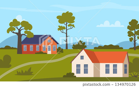 Countryside background. Rural landscape with sunny summer day in the village. Beautiful private houses, summer fields, bright color blue sky. Vector illustration. 134970126