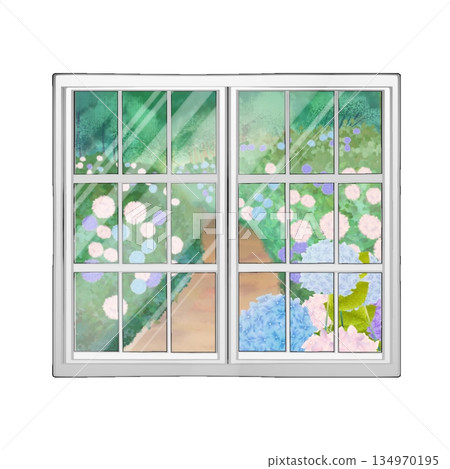 窗戶上倒映著繡球花。 134970195