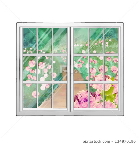 窗戶上倒映著繡球花。 窗戶上倒映著繡球花。 134970196