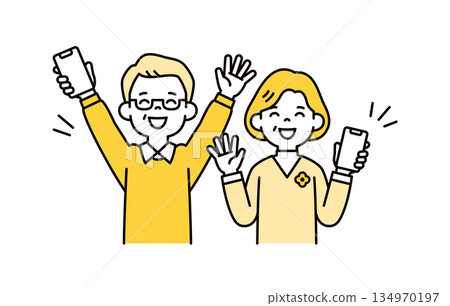 A simple vector illustration set of a grandfather and grandmother holding a smartphone and waving with a smile 134970197