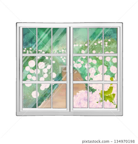 窗戶上倒映著繡球花。 窗戶上倒映著繡球花。 134970198