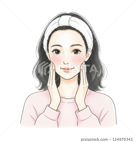 A woman smiling with her hand on her cheek (skin care) 134970343