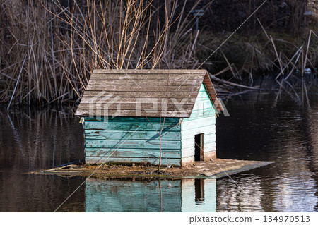 Floating duck house on the lake Floating duck house on the lake 134970513