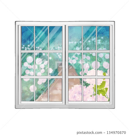窗戶上倒映著繡球花。 134970870