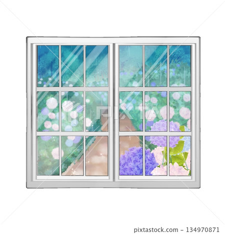 窗戶上倒映著繡球花。 134970871