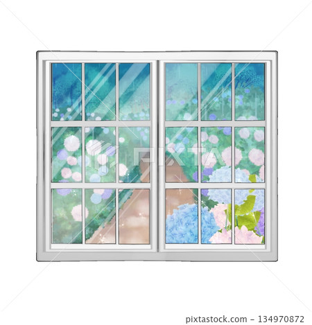 窗戶上倒映著繡球花。 134970872