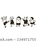 兒童排成一列奔跑 可愛的插畫線條畫 134971755