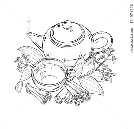 Cinnamon Tea in Teapot Outline Illustration. 134971808