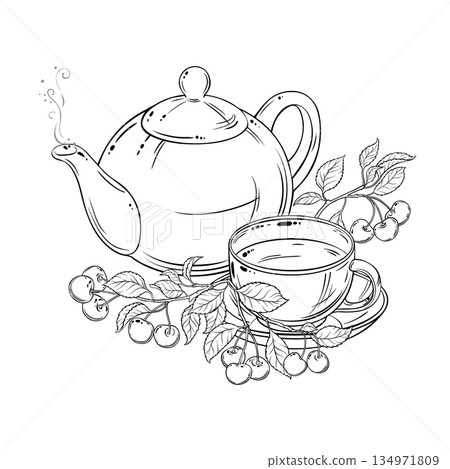 Cherry Tea in Teapot Outline Illustration. 134971809