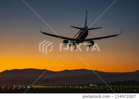 Sendai Airport at dusk, airplane landing, Natori City, Miyagi Prefecture 134972087