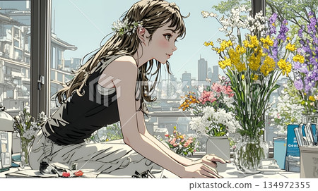 熱情好客(體貼周到):一位年輕女子正在為客人插花。 熱情好客(體貼周到):一位年輕女子正在為客人插花。 134972355